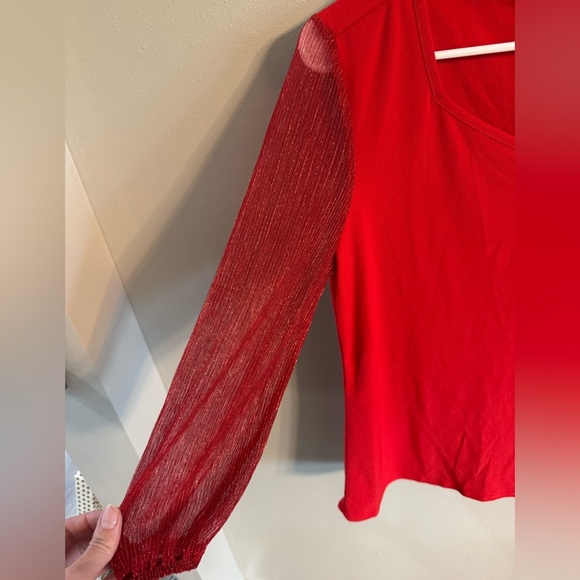 2/$20 89th & Madison Vivid Red Blouse with Sheer Sleeves - Picture 2 of 7